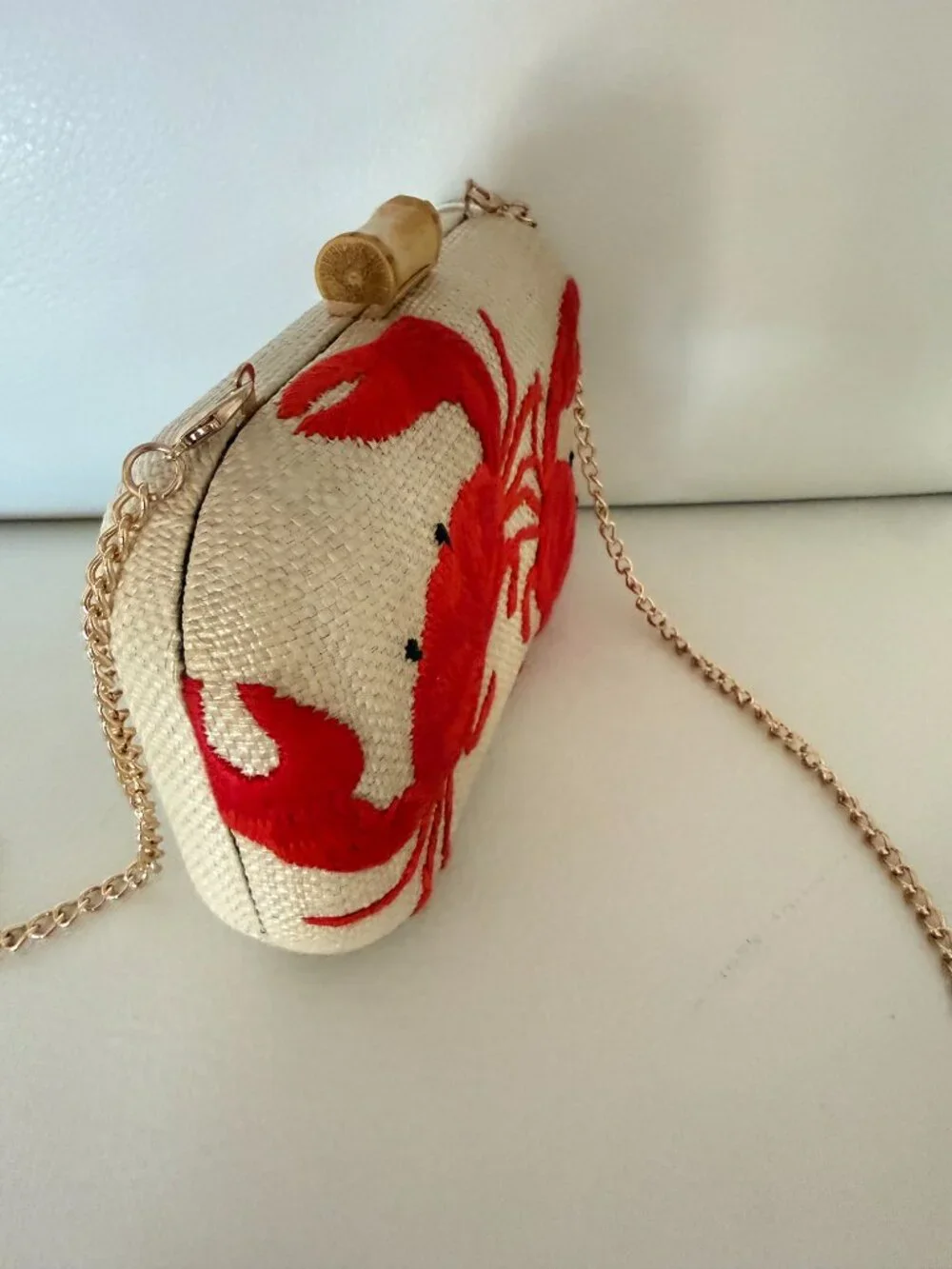 NWT TOMMY BAHAMA CRAB EMBROIDERED STRAW BOX CLUTCH BAG W GOLD TONE CHAIN STRAP